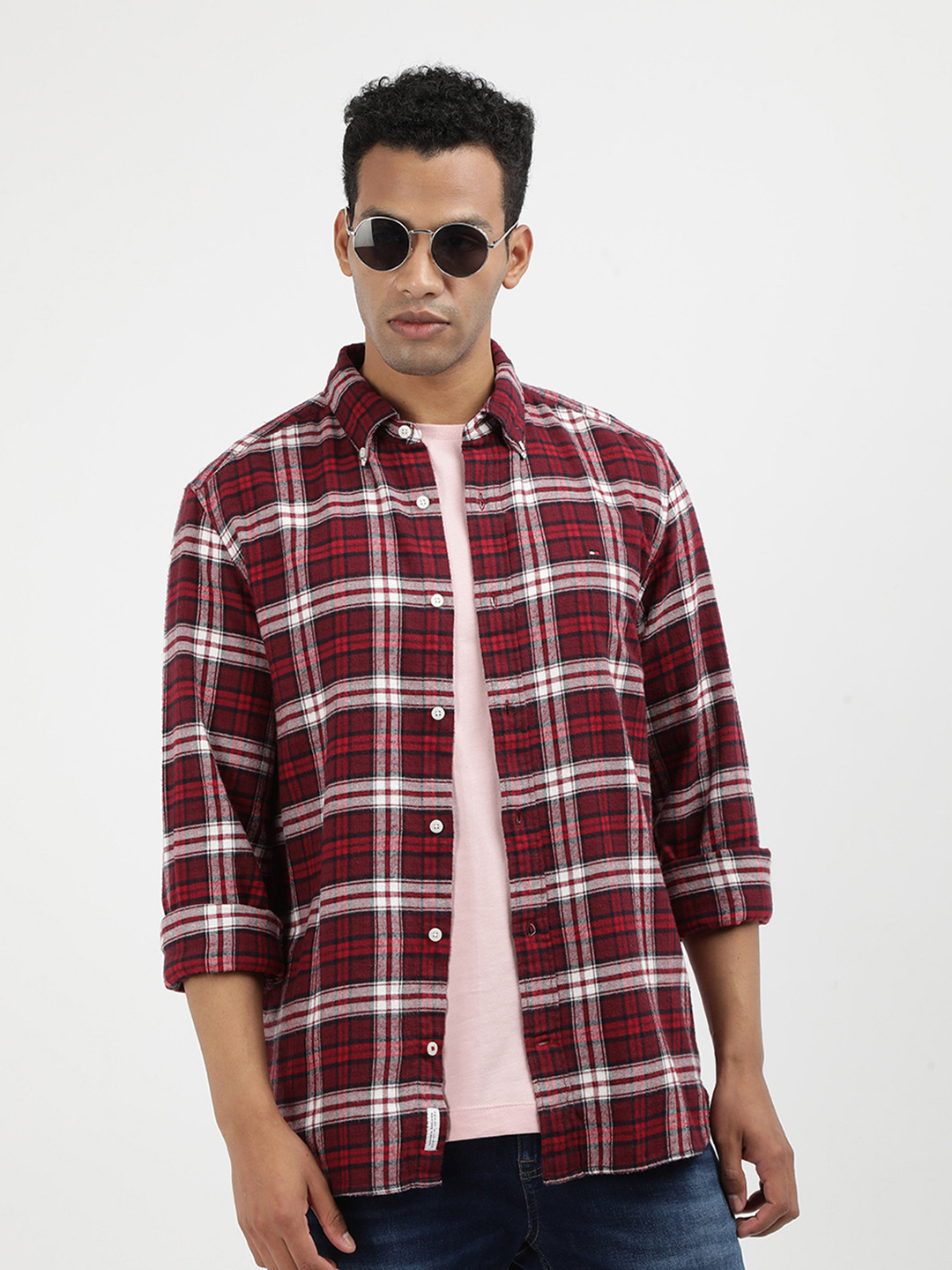 

Tommy Hilfiger Tartan Checked Button Down Collar Pure Cotton Shirt, Red
