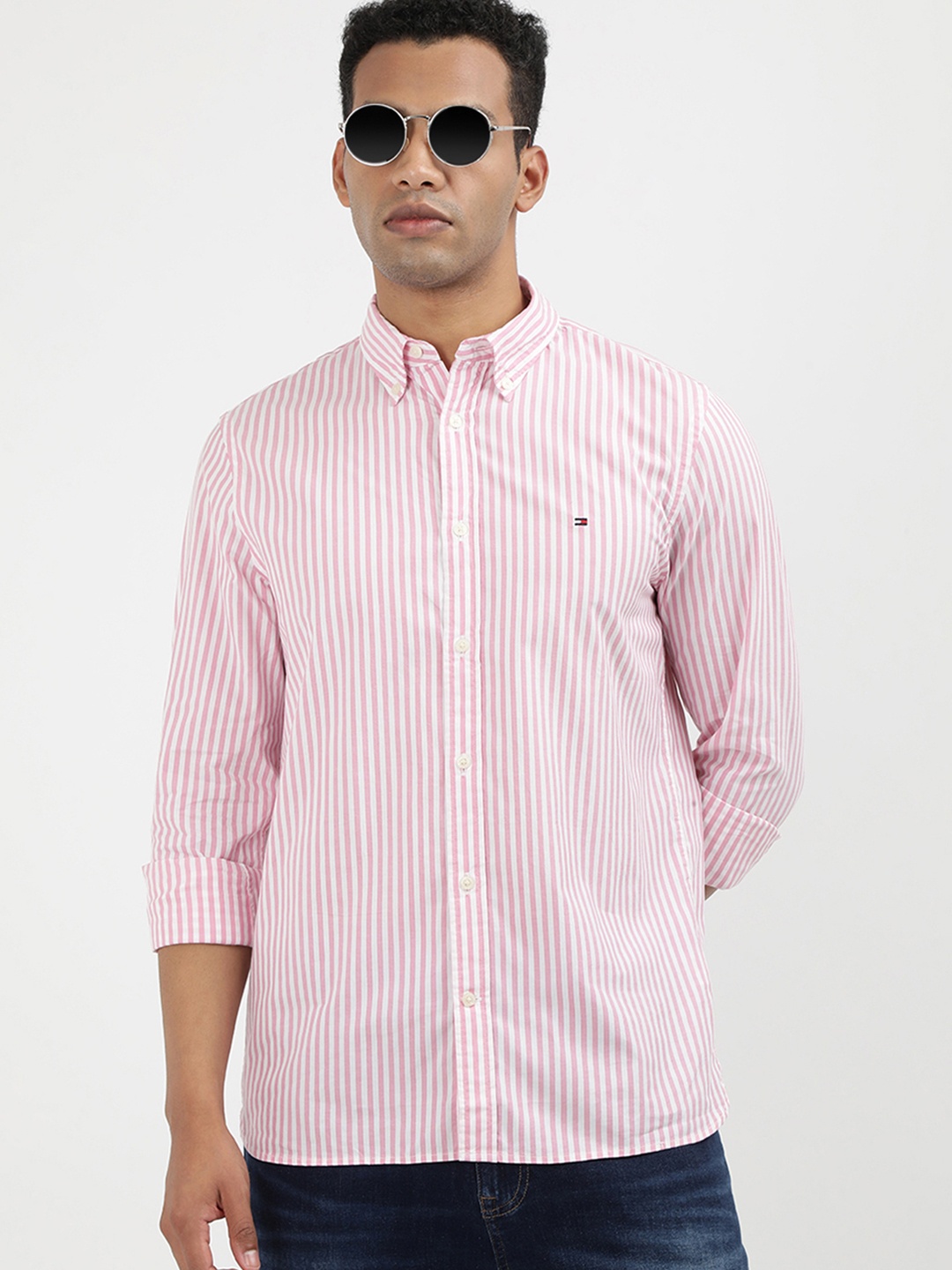 

Tommy Hilfiger Men Classic Button Down Collar Vertical Striped Slim Fit Casual Shirt, Pink