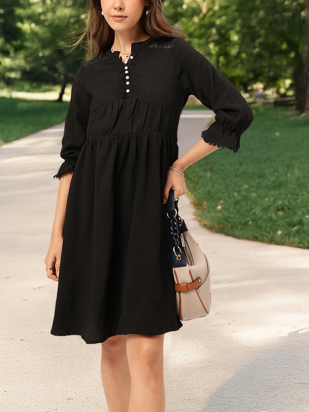 

DressBerry Lacey Dream Textured Ruched A-Line Dress, Black