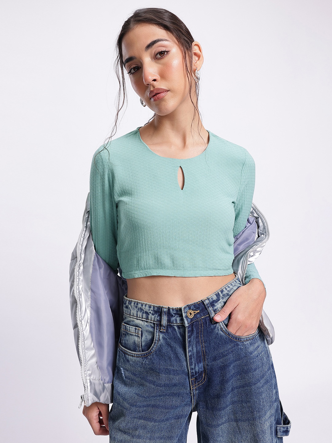 

DressBerry Girly Glam Textured Crop Top, Blue
