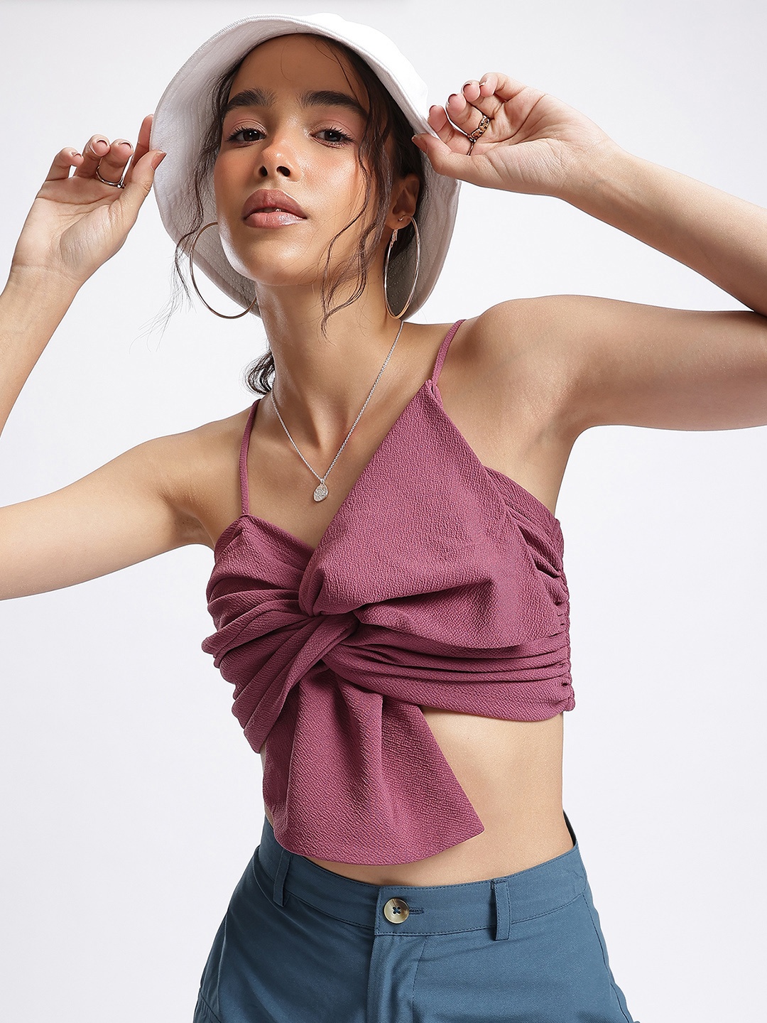 

Peony Kiss Statement Bow Smocked Ease Fitted Crop Top, Fuchsia