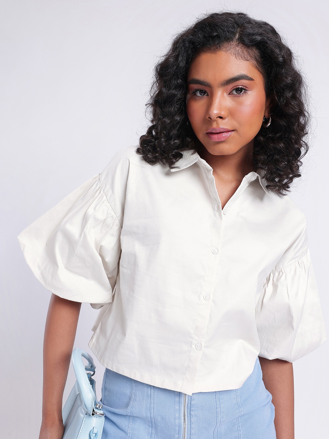 

DressBerry Charming Chic Puffed Sleeves Boxy Crop Shirt, Off white