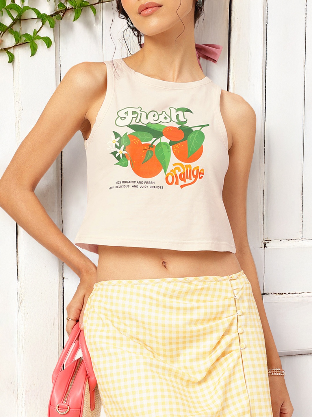 

DressBerry Conversational Print Sleeveless Crop T-shirt, Cream