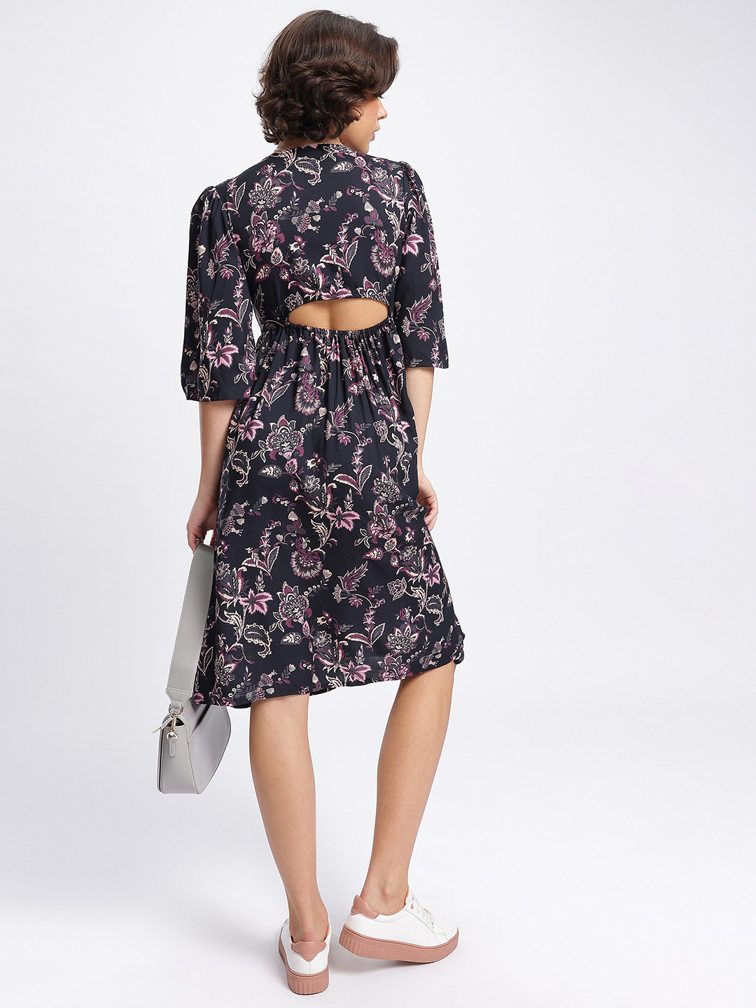 

DressBerry Blossom Brigade Floral Cut-Out Midi A-Line Dress, Black