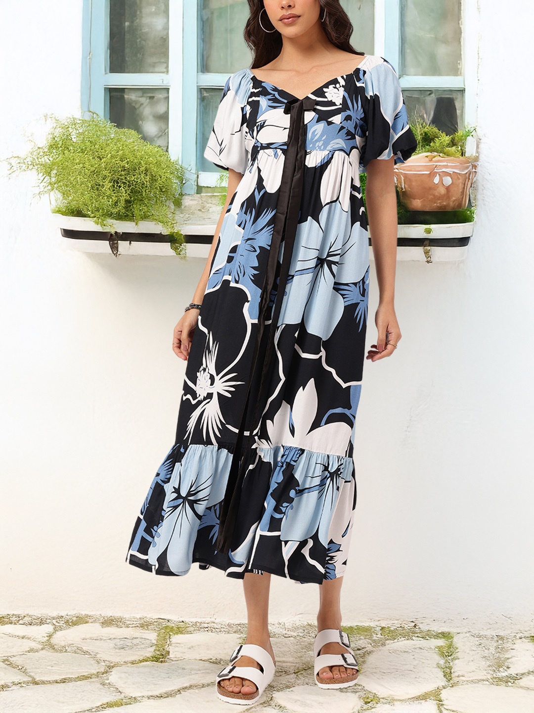 

DressBerry Petal Pop Floral Bow-Detail A-Line Midi Dress, Black