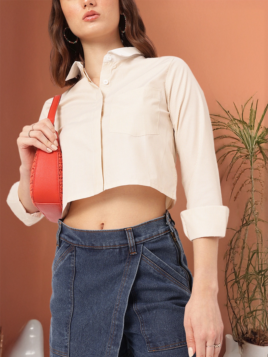 

DressBerry K-Chic Pinstripes Crop Shirt, Beige