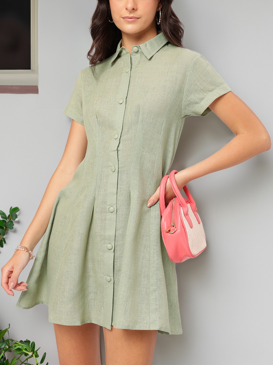 

DressBerry Girlboss Glam Pleated Shirt-Style Dress, Green