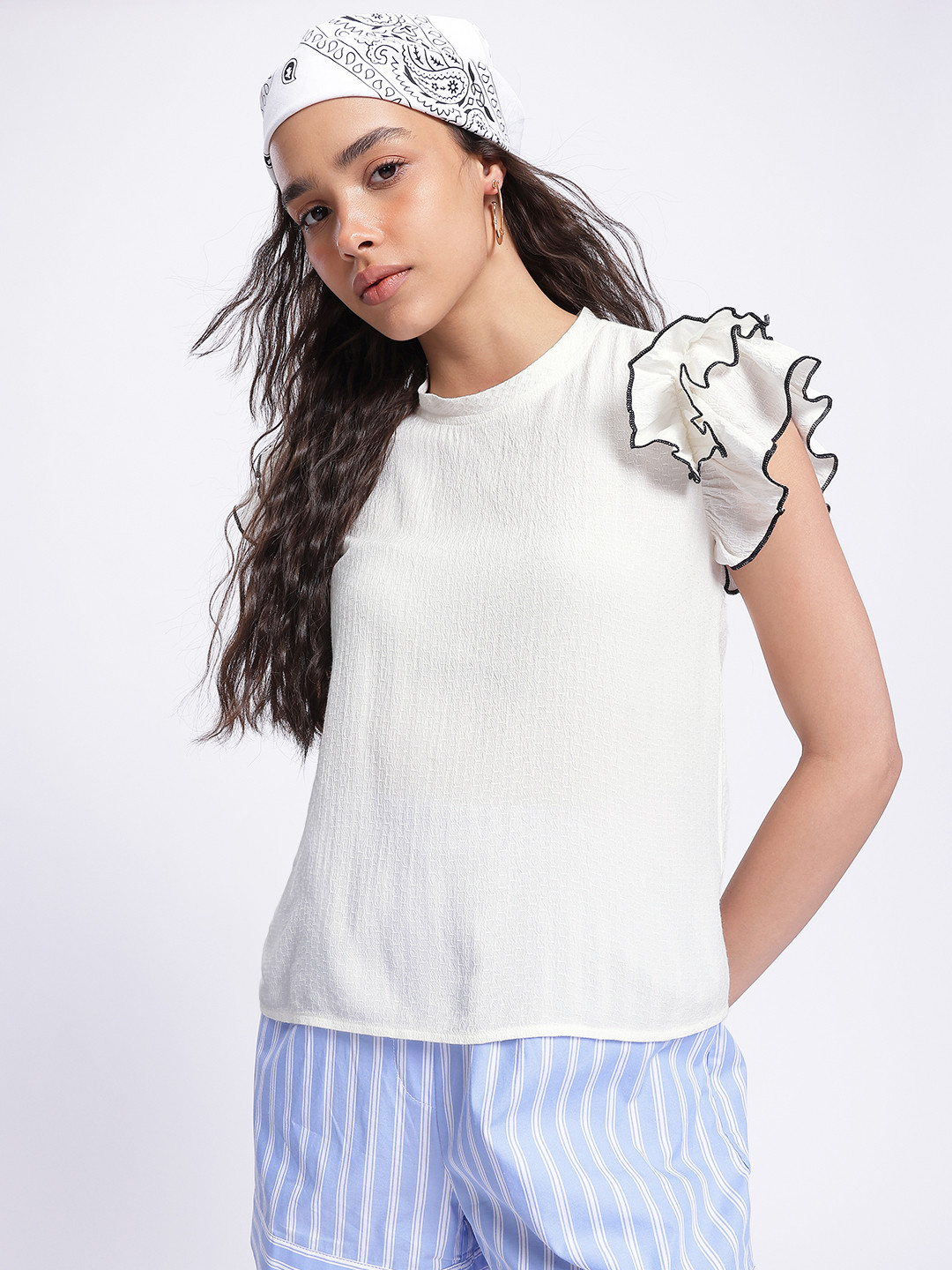 

DressBerry Ruffle Ramble Textured Top, Off white