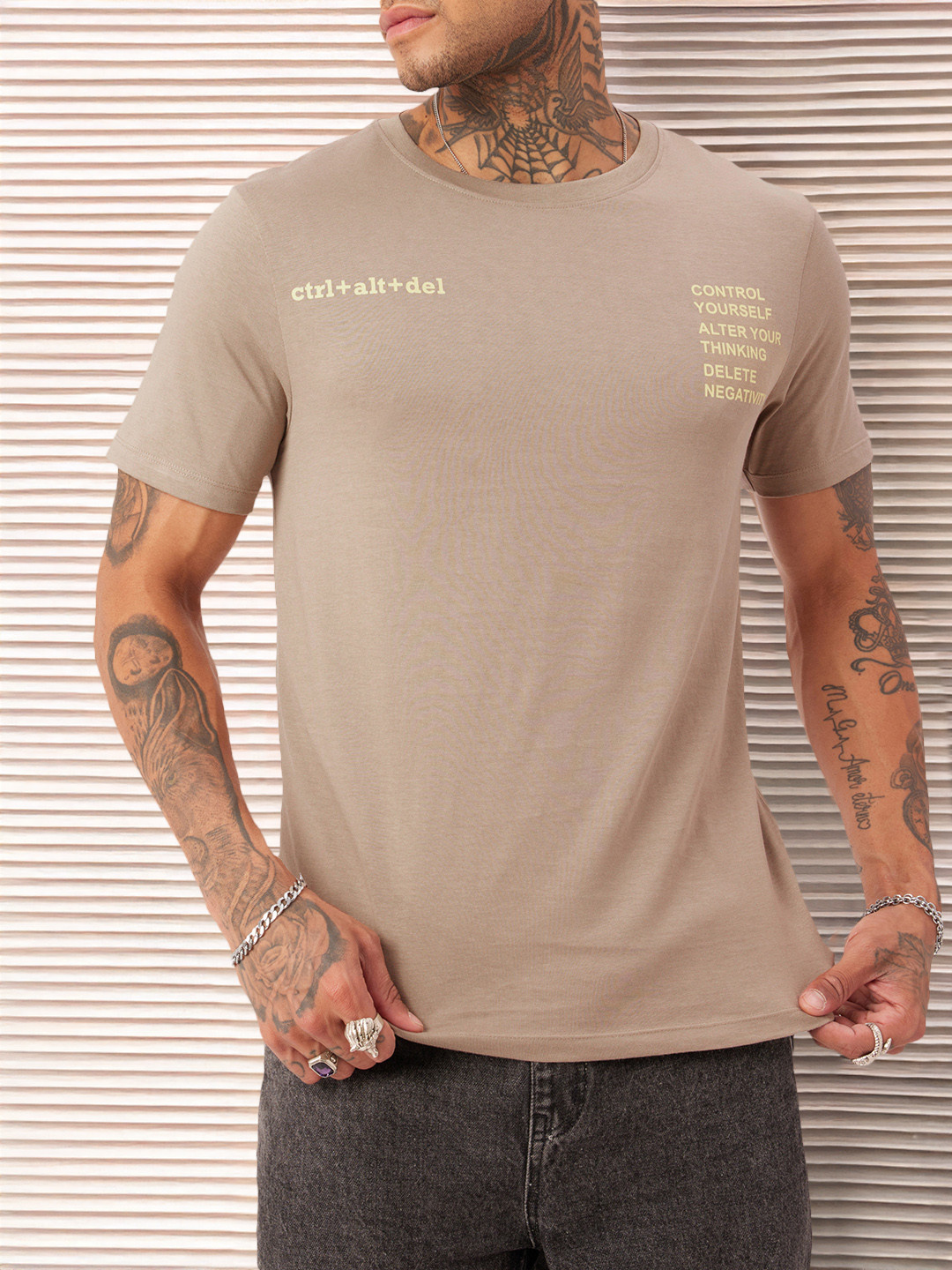 

Kook N Keech Edgy Twist Minimal Typography Printed T-Shirt, Taupe