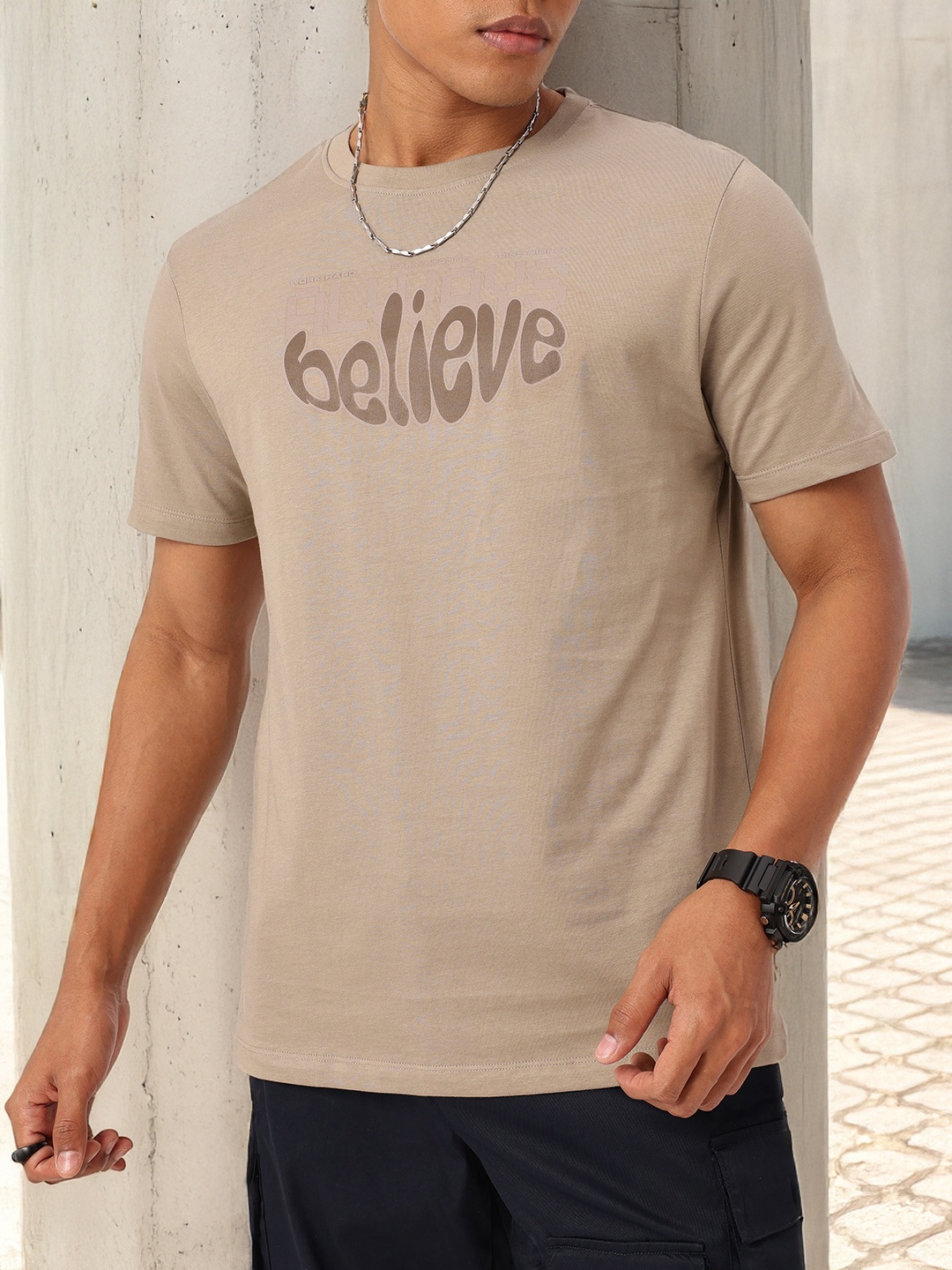 

Kook N Keech Edgy Touch Typography Printed T-shirt, Taupe
