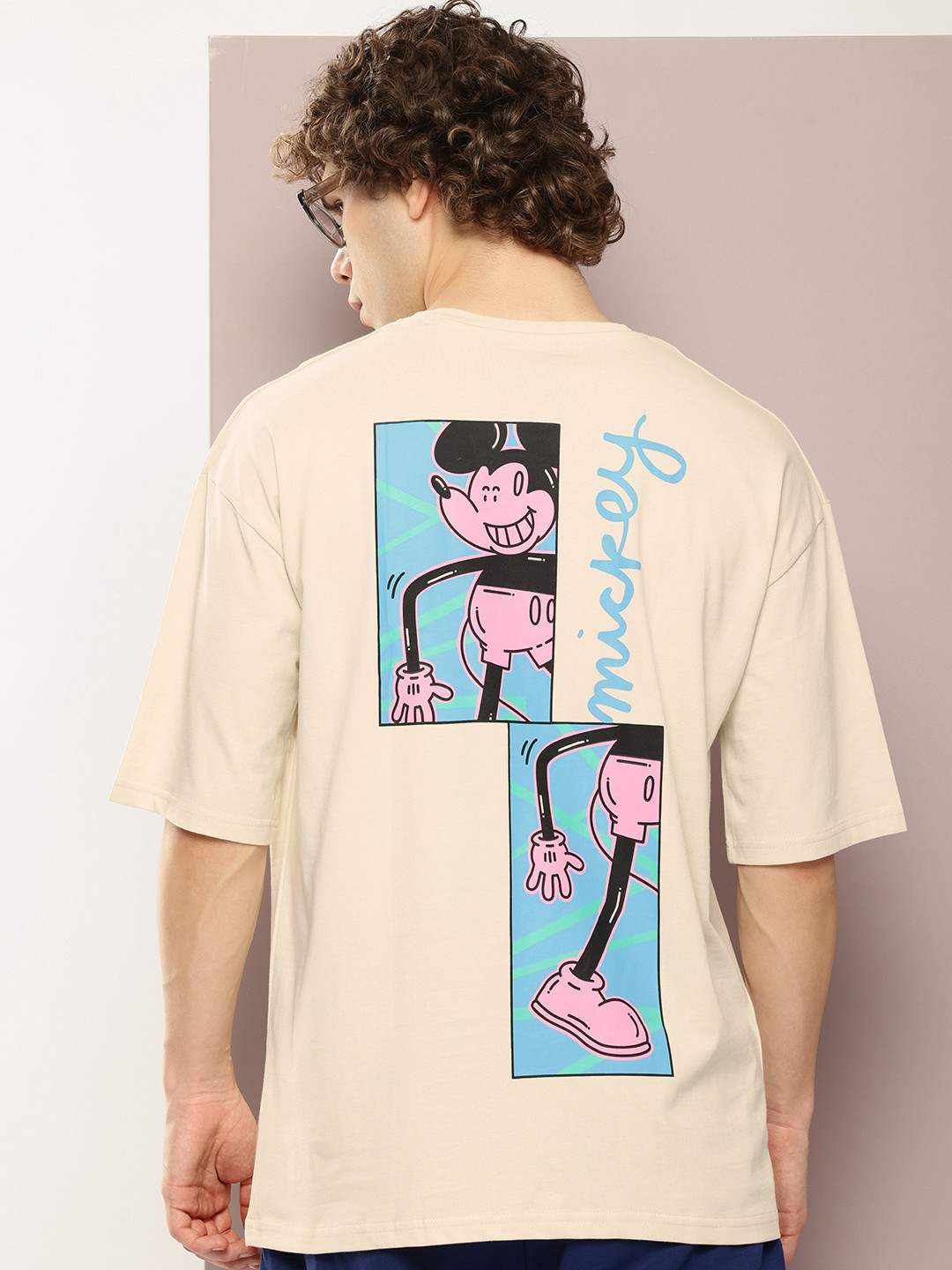 

Kook N Keech Disney Men Mickey Mouse Printed Oversized Pure Cotton T-shirt, Beige