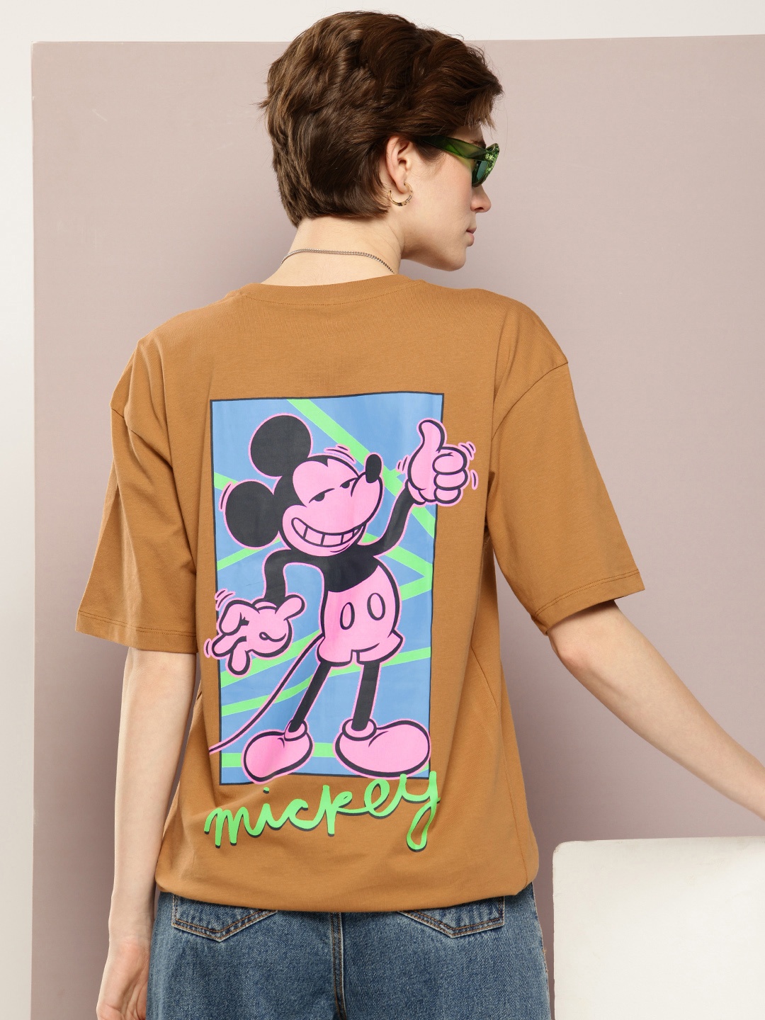 

Kook N Keech Disney Printed Drop-Shoulder Sleeves Pure Cotton Oversized T-shirt, Brown