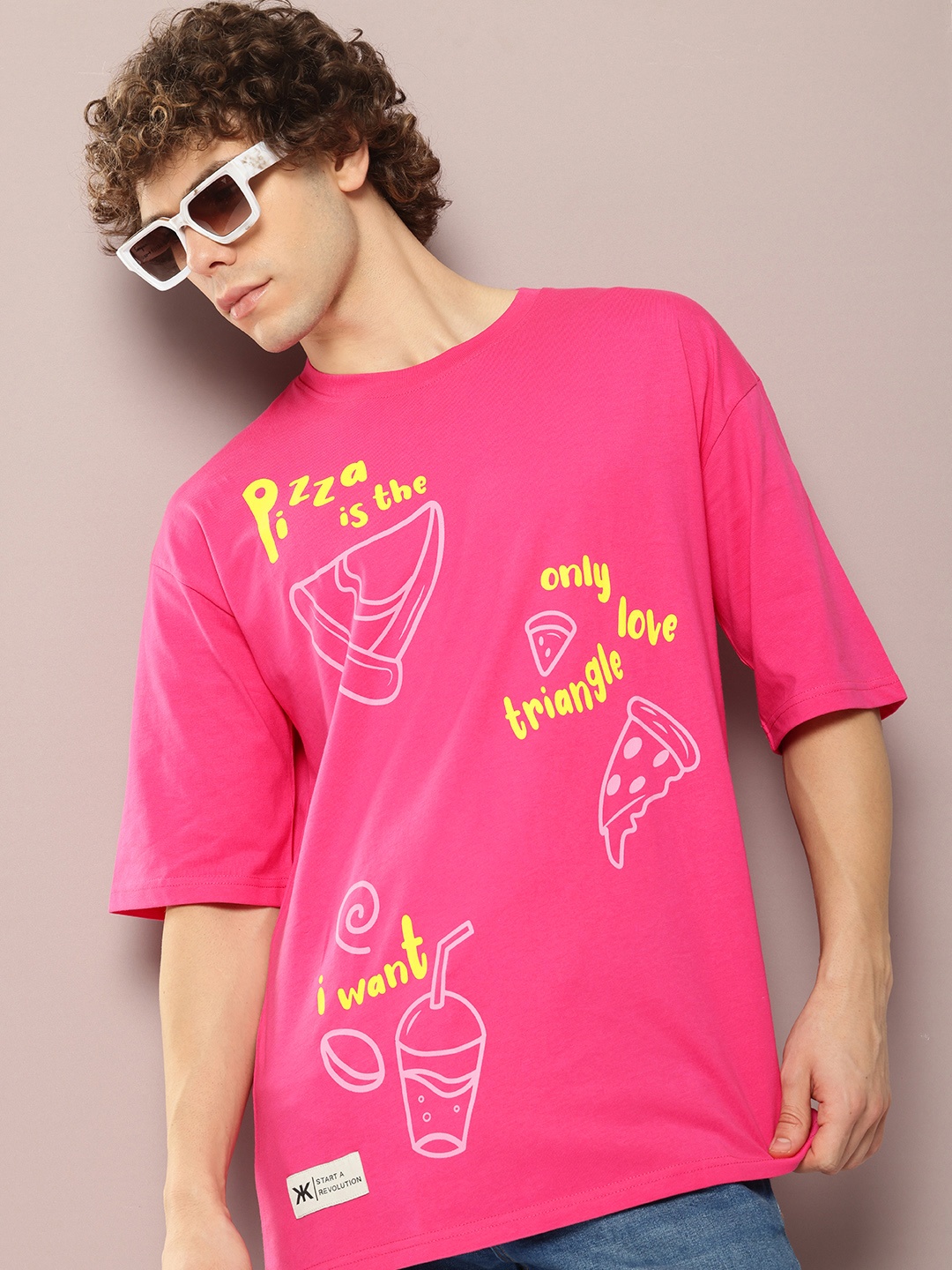 

Kook N Keech Men Graphic Printed Drop-Shoulder Sleeves Oversized Pure Cotton T-shirt, Pink