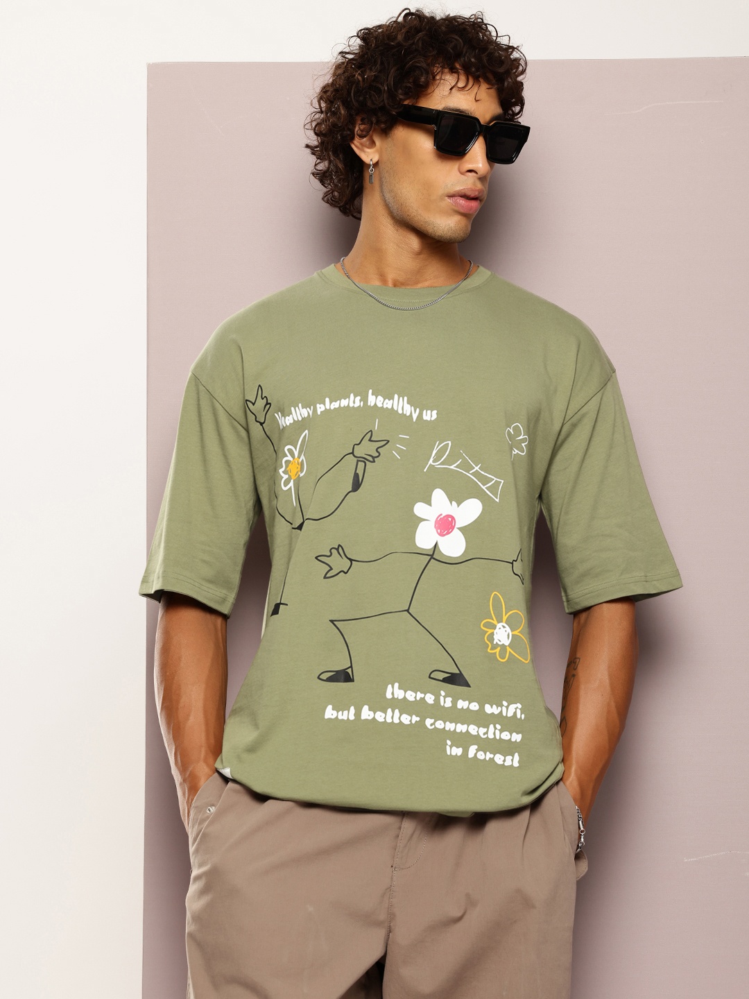 

Kook N Keech Men Printed Drop-Shoulder Sleeves Oversized Pure Cotton T-shirt, Olive