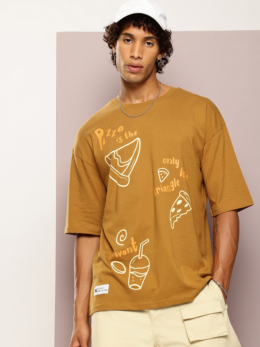 

Kook N Keech Men Printed Drop-Shoulder Sleeves Oversized Pure Cotton T-shirt, Brown