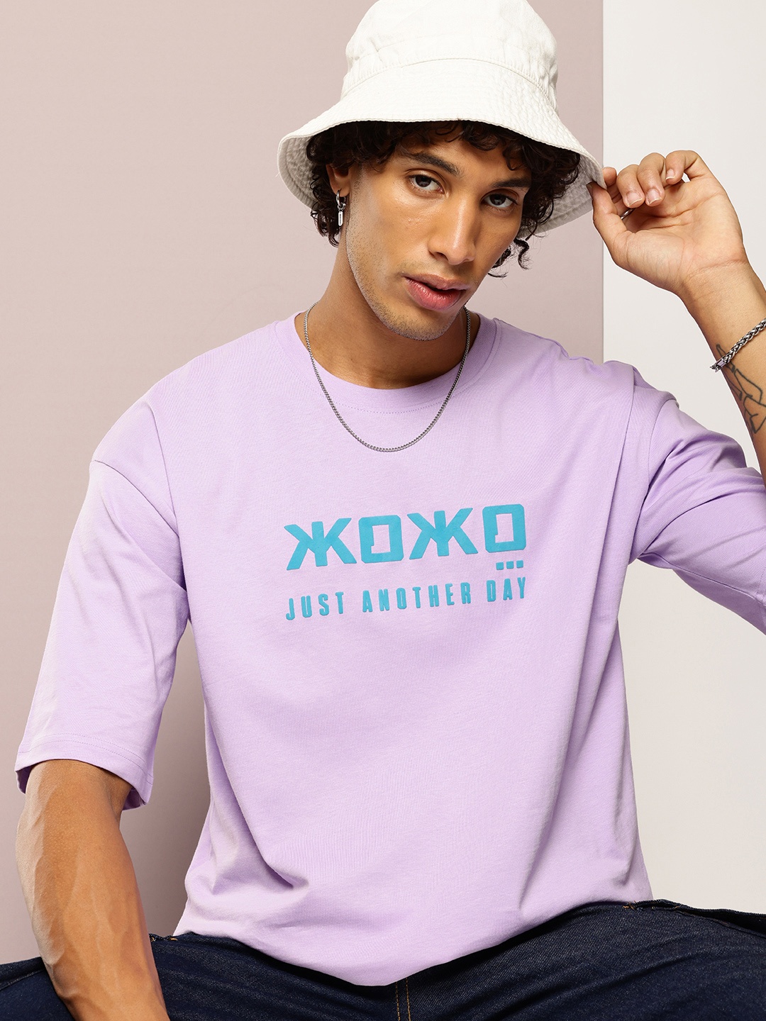 

Kook N Keech Men Typography Printed Drop-Shoulder Sleeves Oversized Pure Cotton T-shirt, Lavender