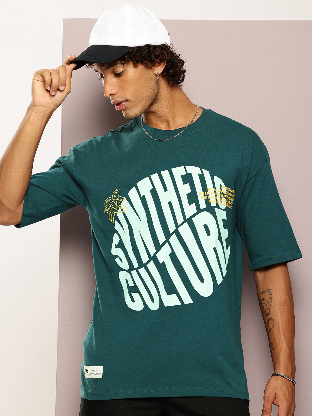 

Kook N Keech Men Typography Printed Drop-Shoulder Sleeves Oversized Pure Cotton T-shirt, Green