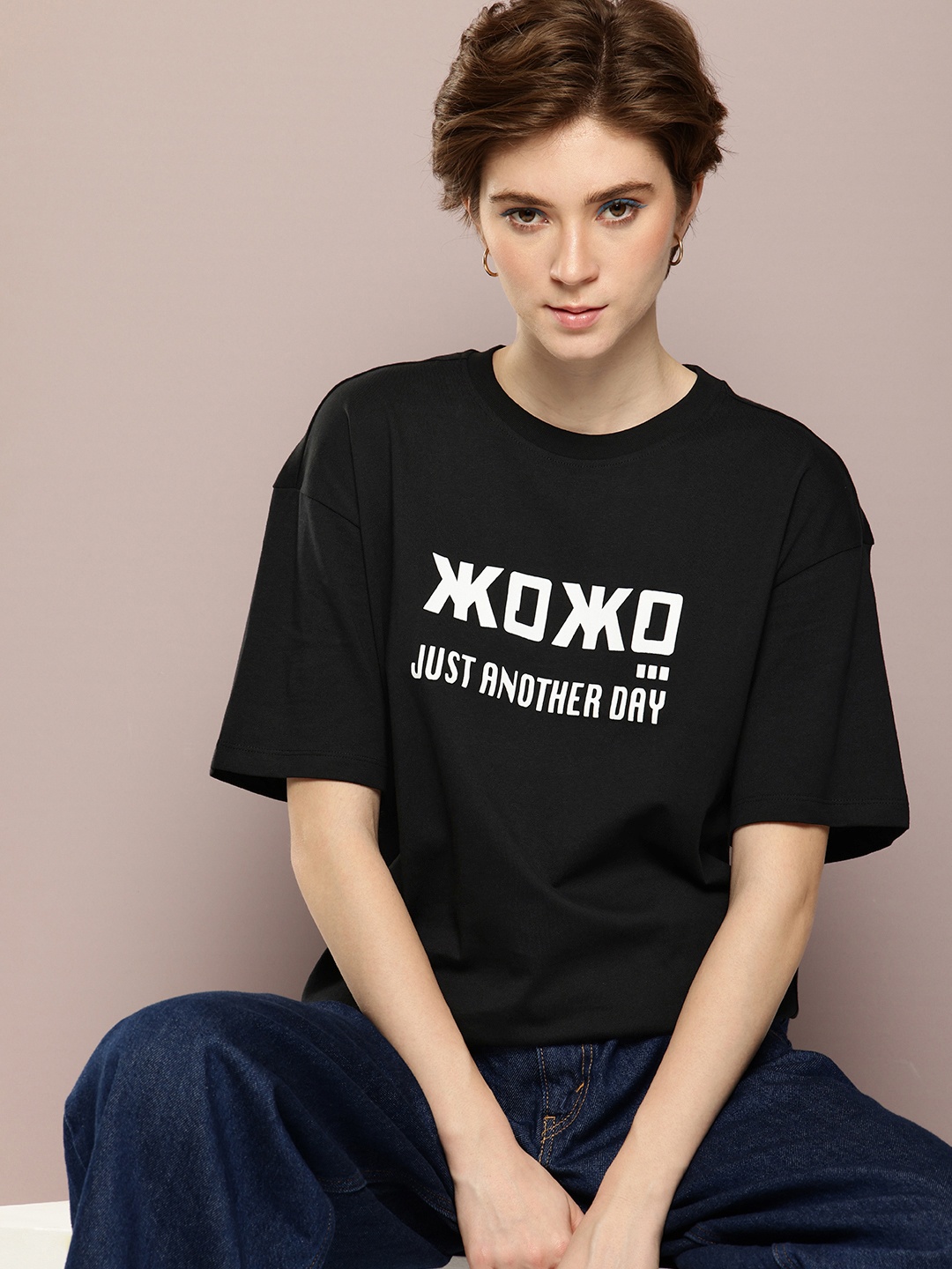 

Kook N Keech Typography Printed Drop-Shoulder Sleeves Oversized Pure Cotton T-shirt, Black