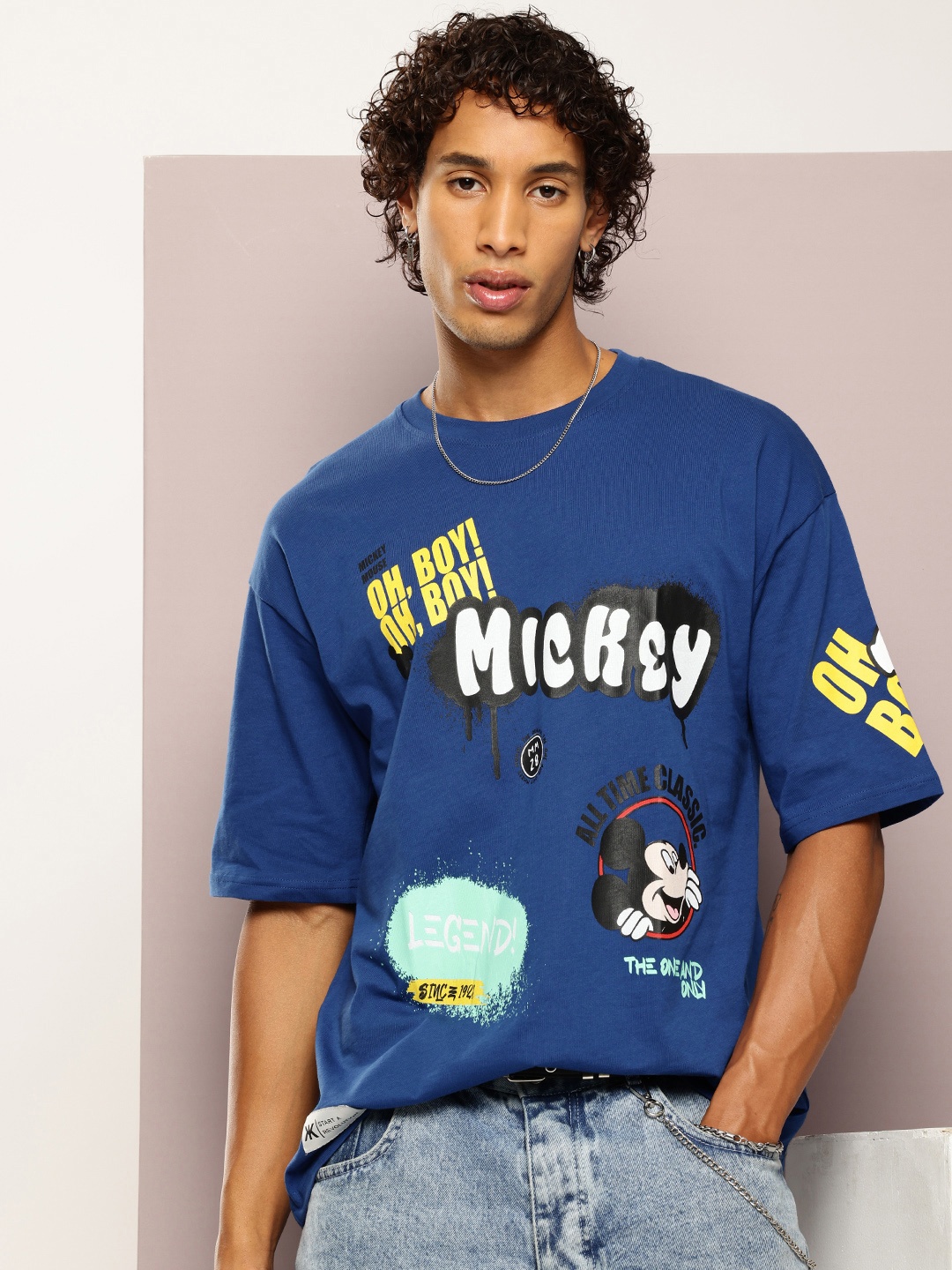 

Kook N Keech Men Mickey Mouse Printed Drop-Shoulder Sleeves T-shirt, Navy blue