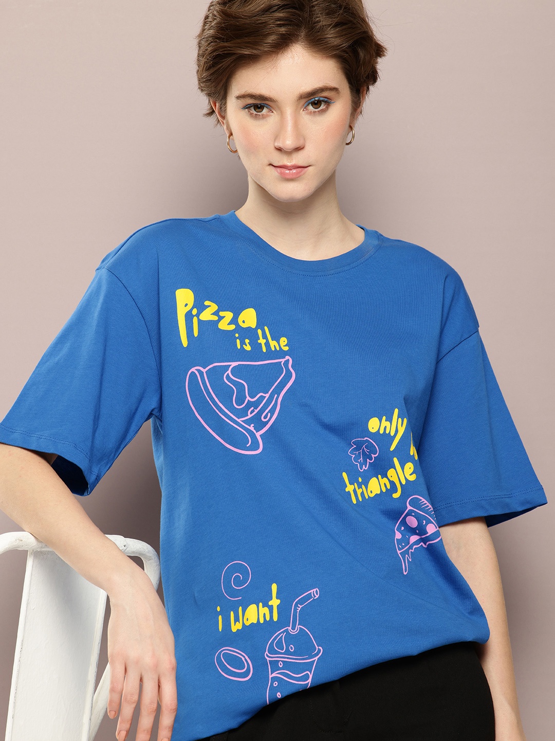 

Kook N Keech Printed Drop-Shoulder Sleeves Oversized Pure Cotton T-shirt, Blue