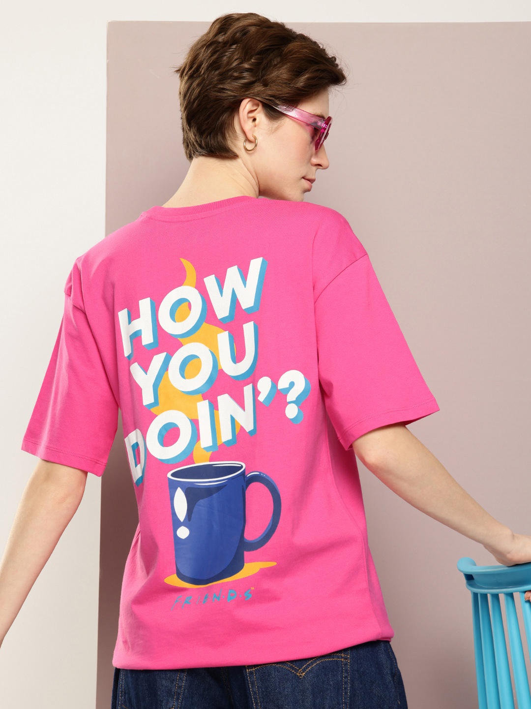 

Kook N Keech Typography Printed Drop-Shoulder Sleeves Oversized Pure Cotton T-shirt, Pink