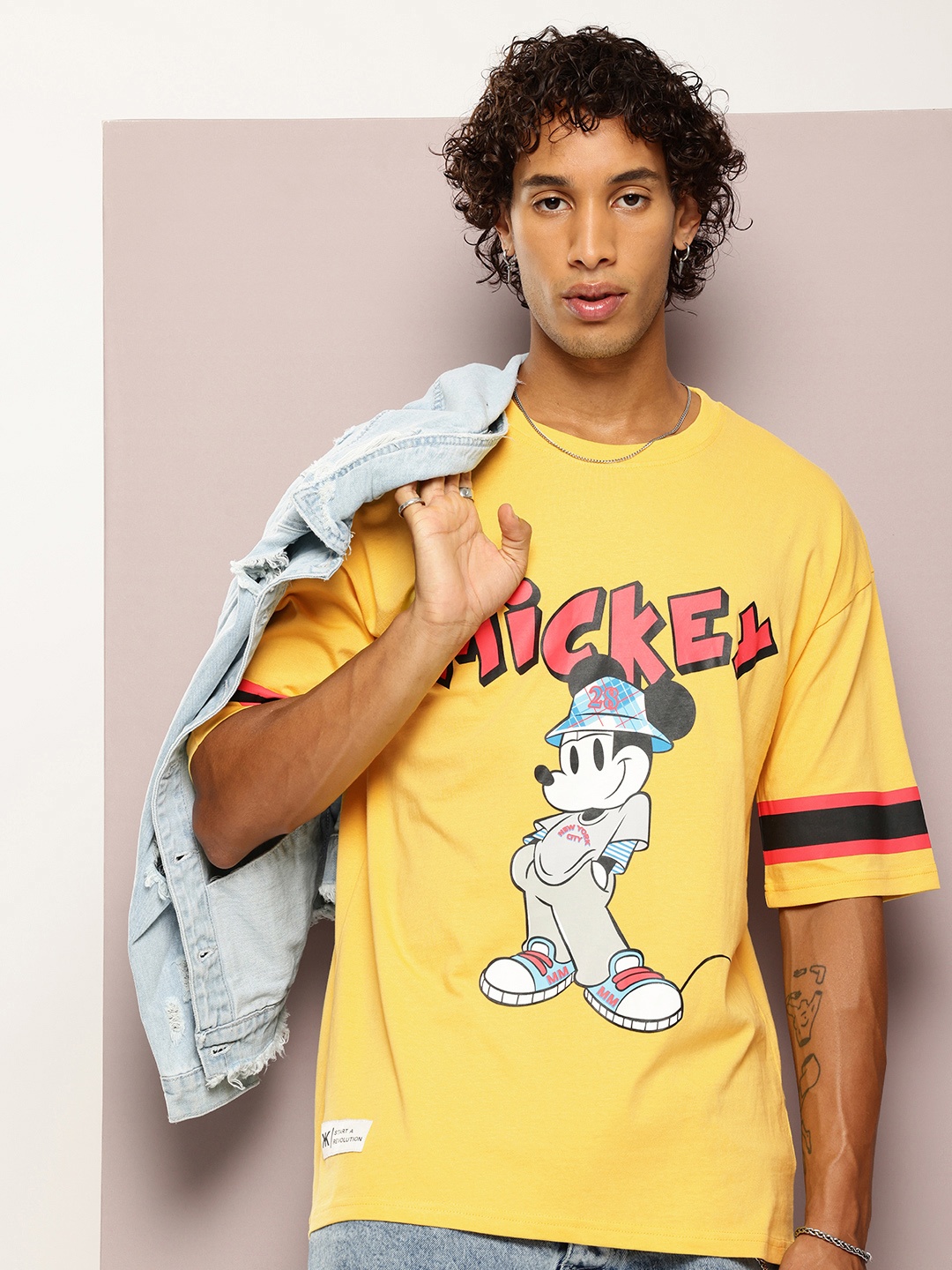 

Kook N Keech Men Mickey Mouse Printed Drop-Shoulder Sleeves Oversized Pure Cotton T-shirt, Yellow