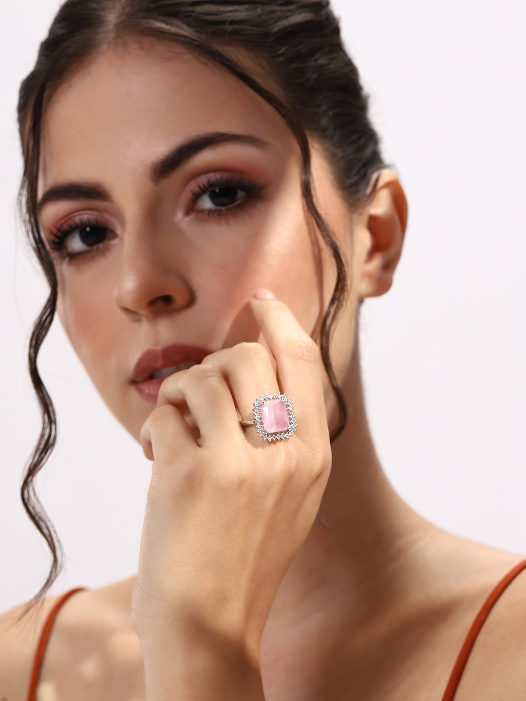 

Niska Women German Silver American Diamond Finger Ring, Pink