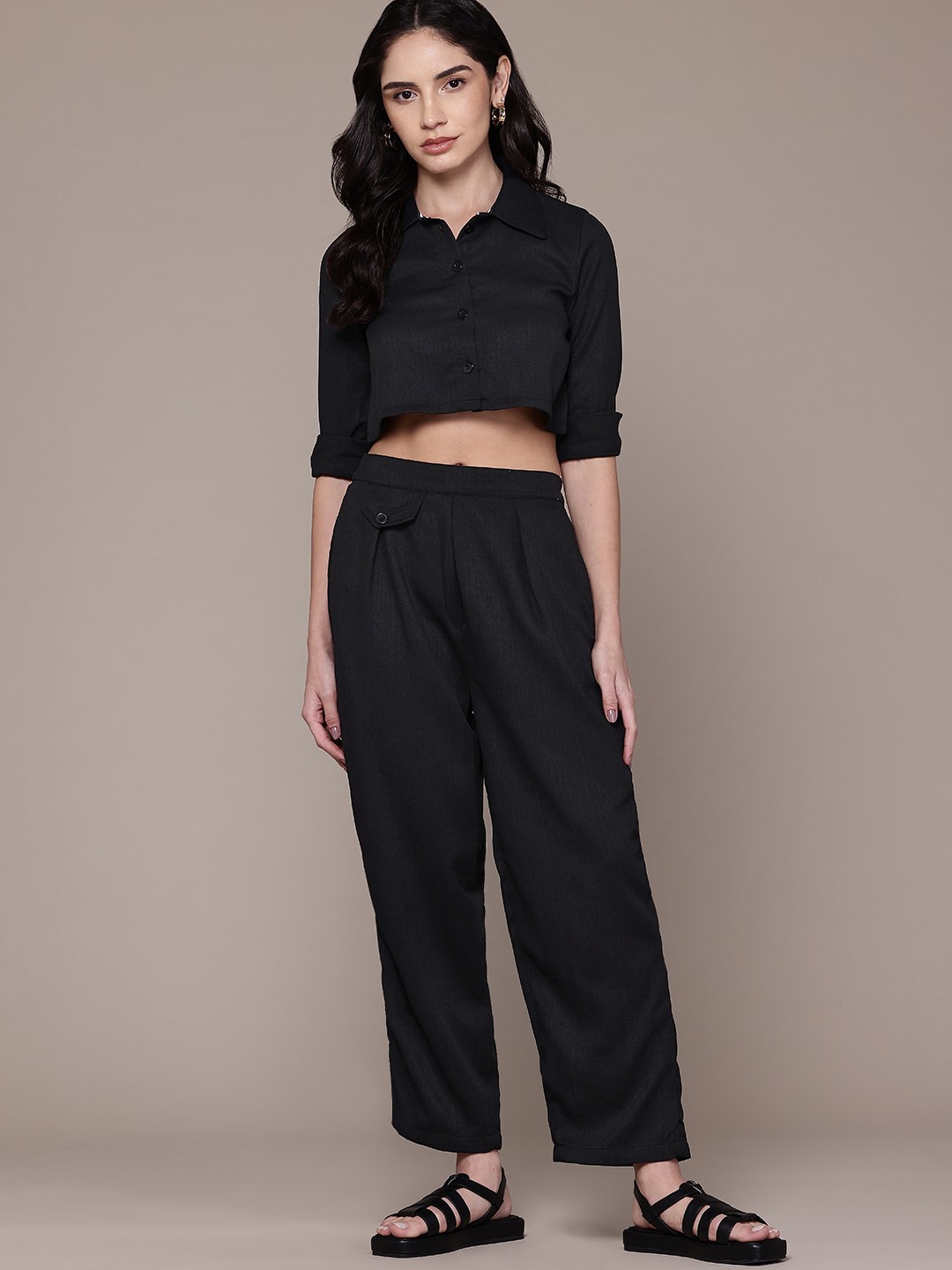 

Roadster Pure Cotton Crop Shirt With Trousers, Black