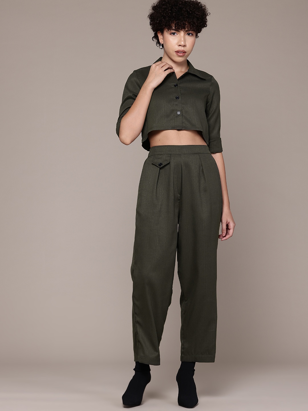 

Roadster Pure Cotton Crop Shirt With Trousers, Olive