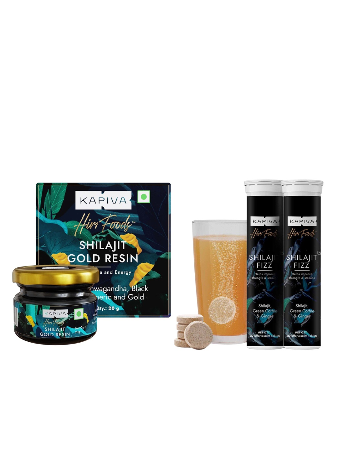 

Kapiva Him Foods 2Pcs Shilajit Fizz Tablets 20Pcs Each & Shilajit Gold Resin 20g, Blue