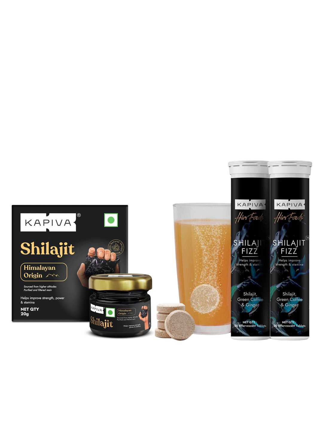 

Kapiva Him Foods 2Pcs Shilajit Fizz Tablets 20Pcs Each & Himalayan Shilajit Resin 20g, Black