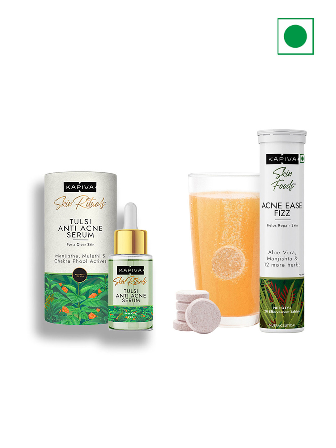 

Kapiva Skin Foods Acne Ease Fizz Tablets 20Pcs With Tulsi Anti Acne Serum 30ml, White