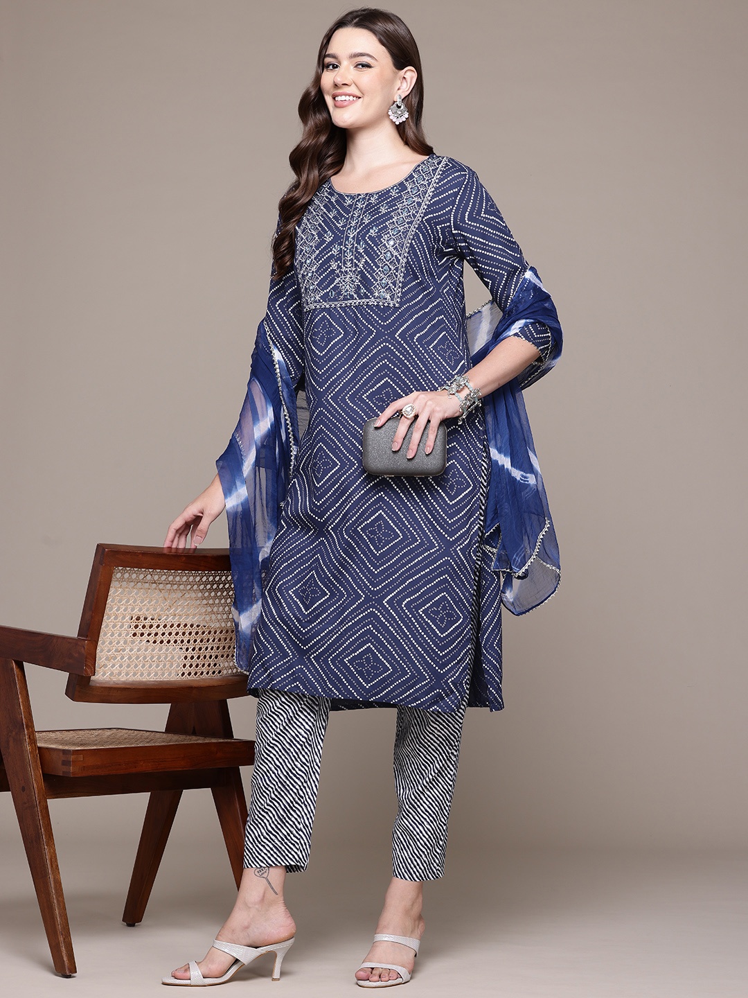 

Readiprint Fashions Bandhani Printed Thread Work Kurta With Trousers & Dupatta, Navy blue