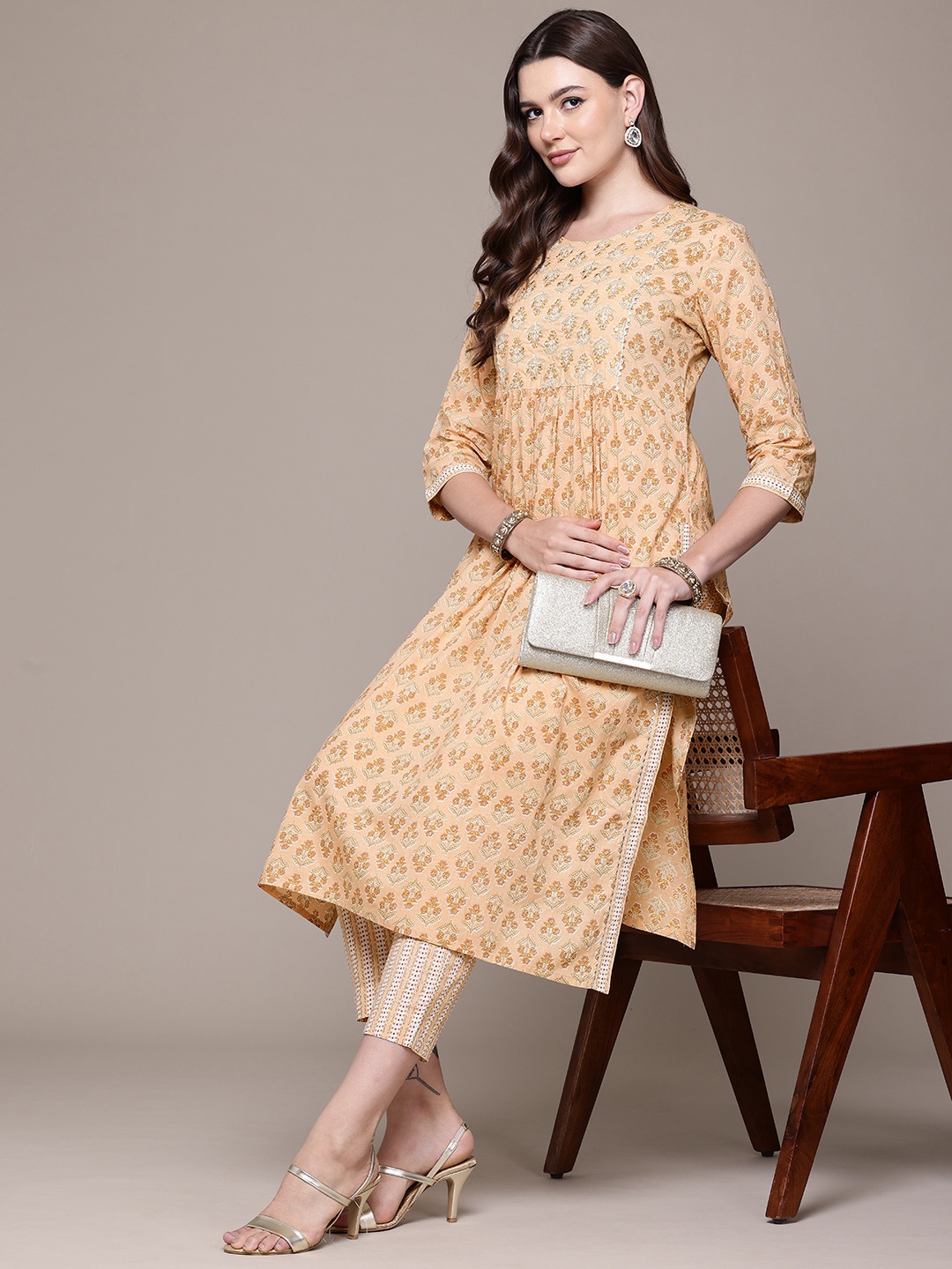 Readiprint Floral Printed Pleated Zari Pure Cotton Kurta with Trousers, Yellow
