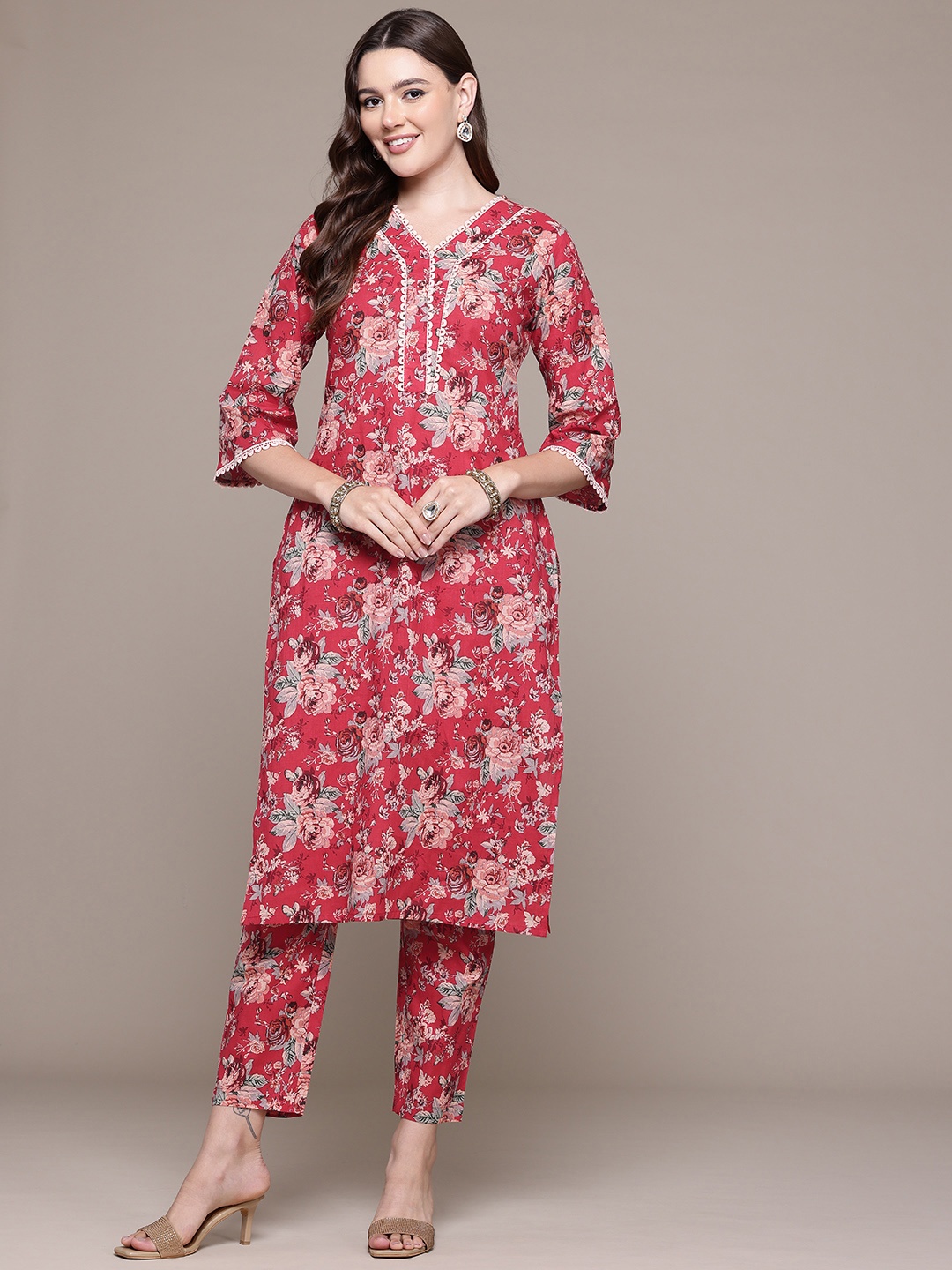 

Readiprint Floral Printed Pure Cotton Kurta with Trousers, Red