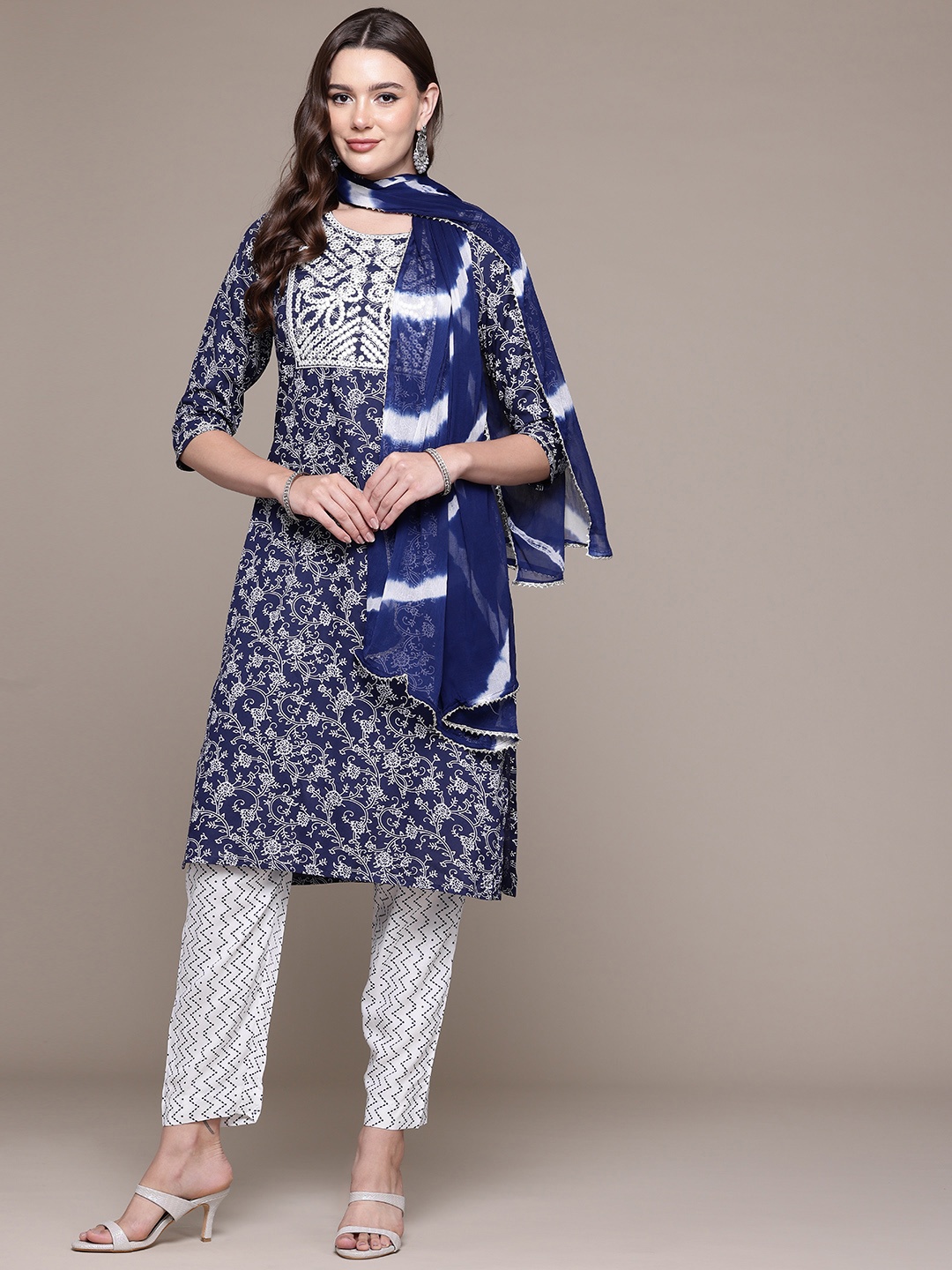 

Readiprint Floral Printed Mirror Work Kurta With Trousers & Dupatta, Navy blue