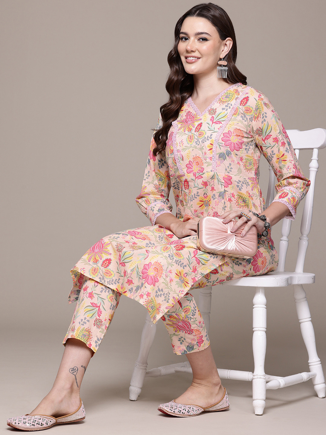 

Readiprint Floral Printed Pleated Pure Cotton Kurta with Trousers, Cream