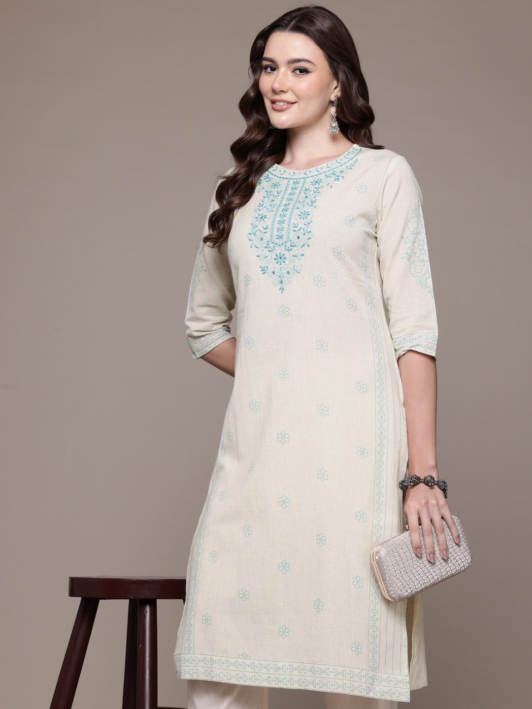 

Readiprint Fashions Floral Printed Pure Cotton Sequinned Kurta with Palazzos, Off white