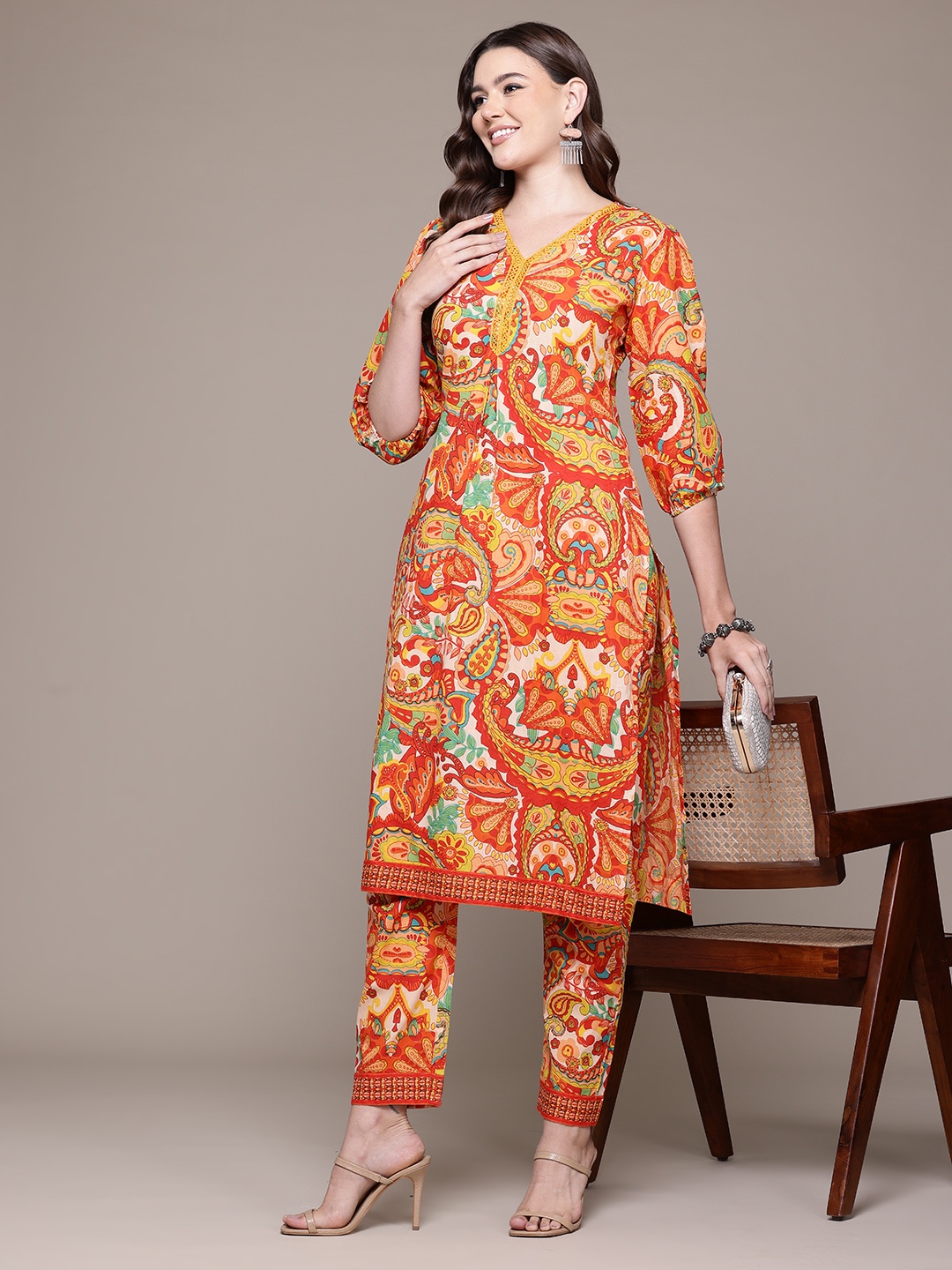 

Readiprint Ethnic Motifs Printed Pleated Pure Cotton Kurta with Trousers, Multi