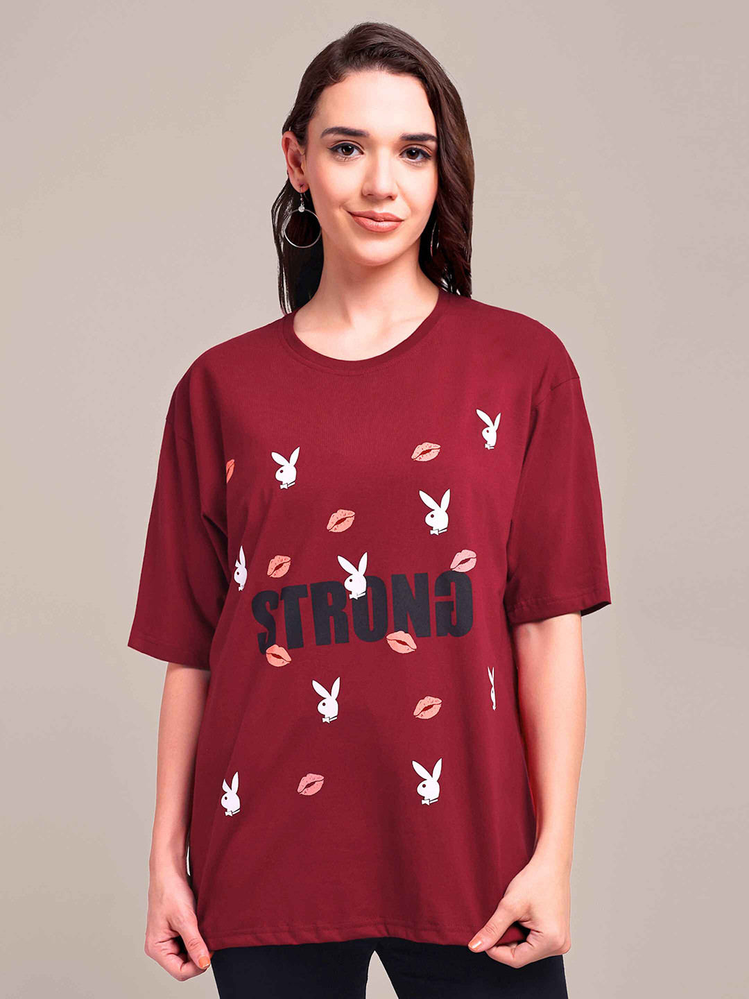 

iki chic Women Graphic Printed Round Neck Cotton Oversized T-Shirt, Maroon