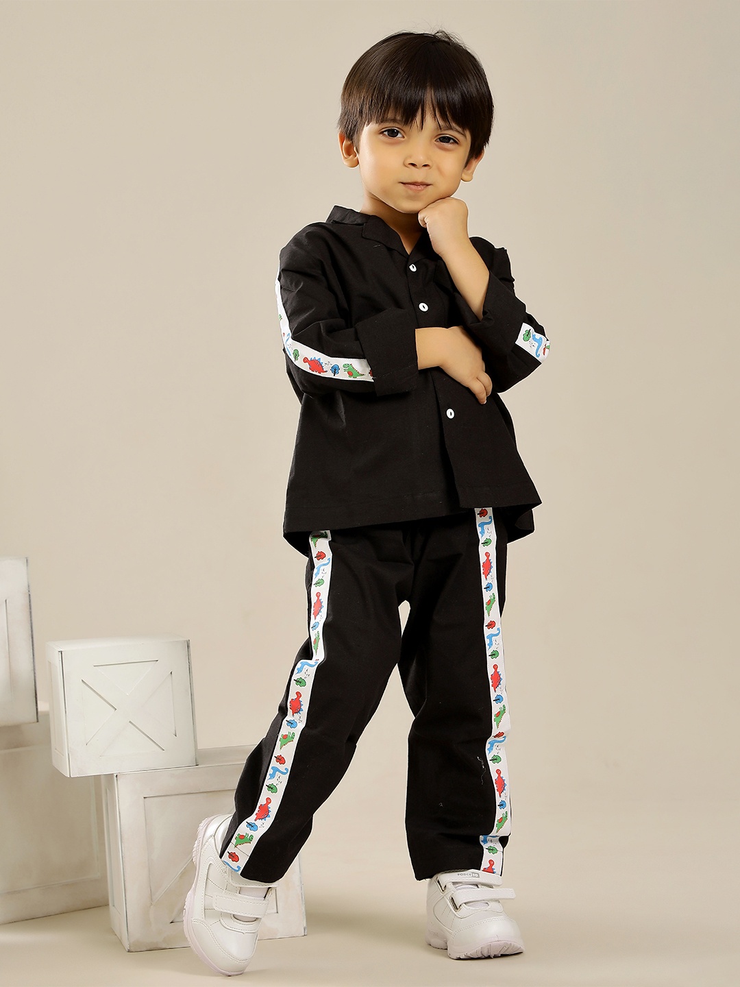 

Hoshi by A&T Boys Cuban Collar Pure Cotton Shirt With Trousers, Black