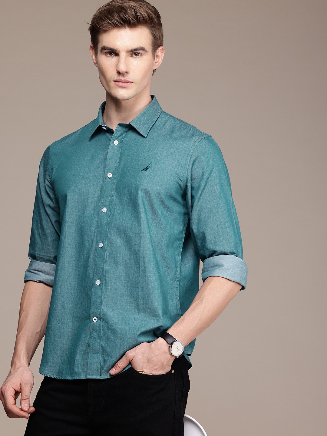 

Nautica Men Premium Slim Fit Pure Cotton Casual Shirt, Green