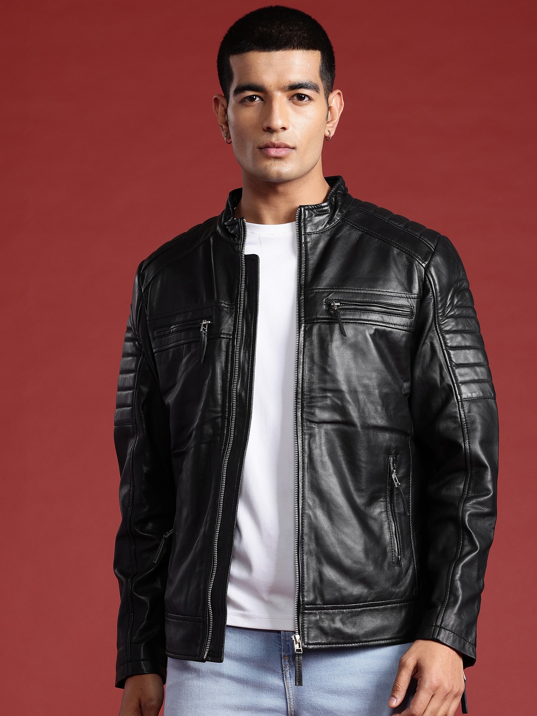 

Leather Retail Men Quilted Detail Leather Biker Jacket, Black