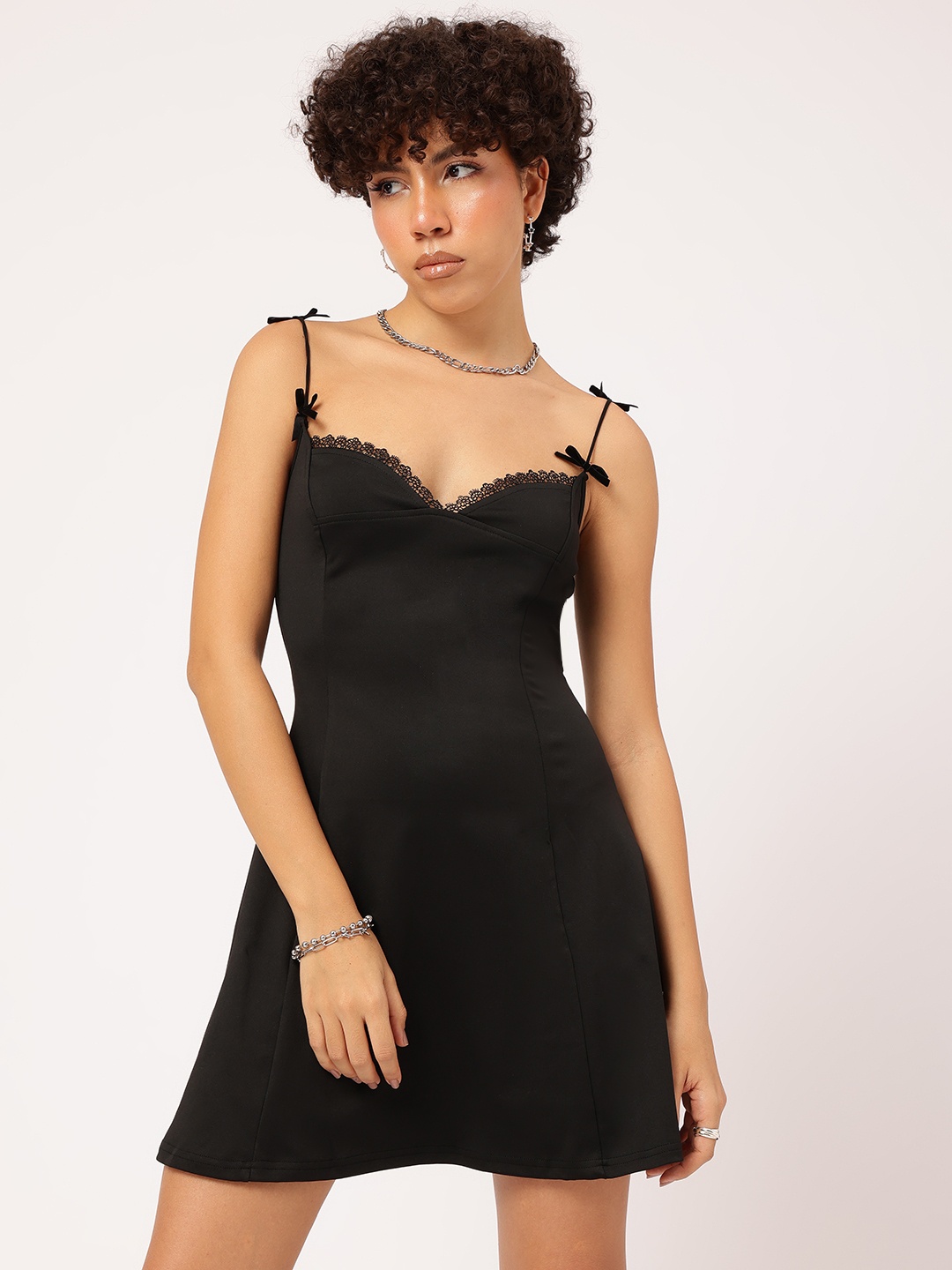 

Chic Bow Strappy Paneled Noir Street Flair Mini Dress, Black