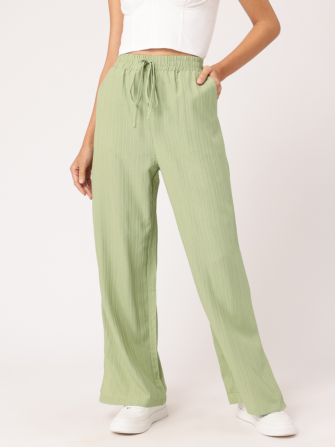 

DressBerry Women Casual Cool Self-Design Flared Trousers, Green