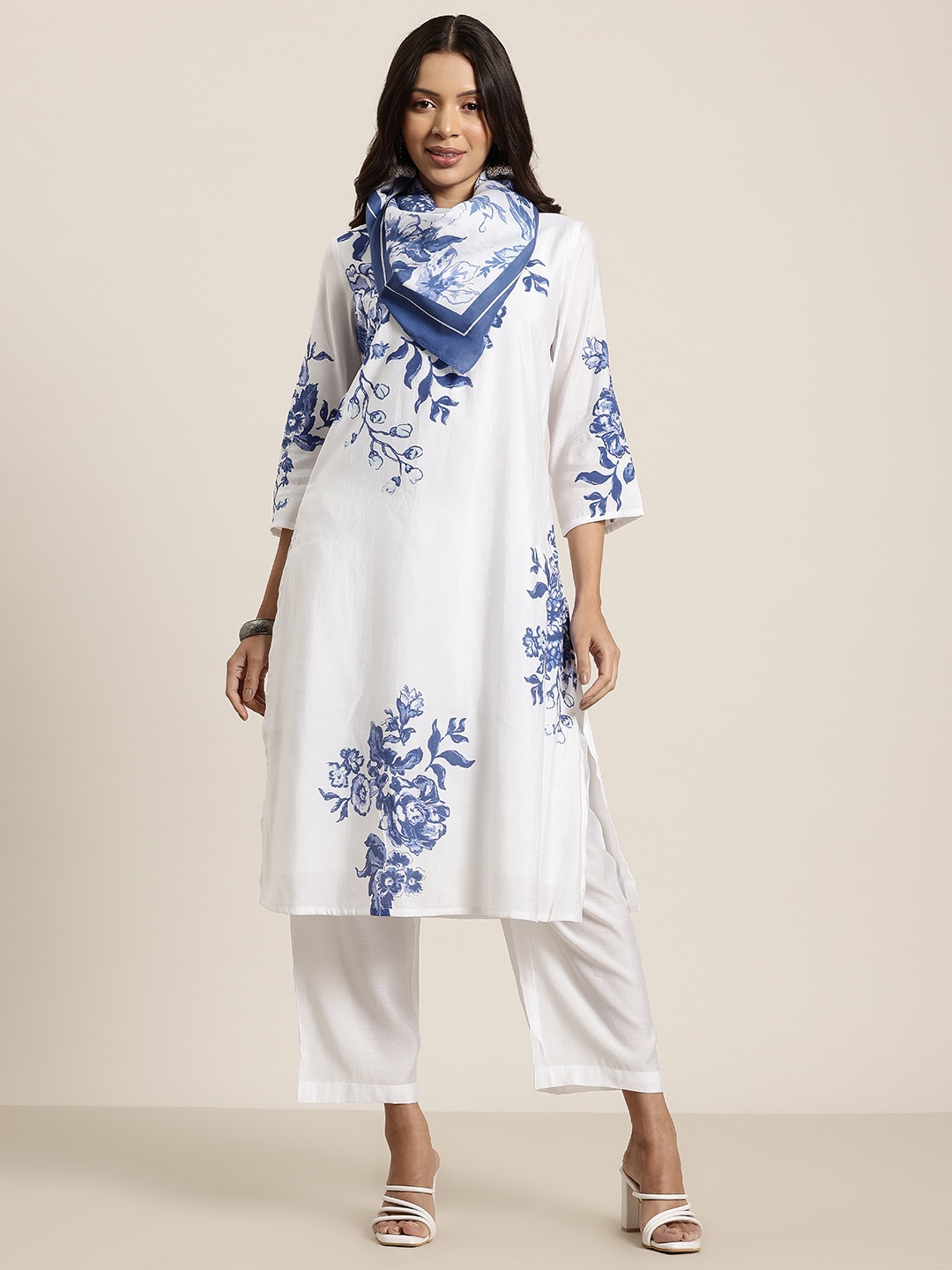

HERE&NOW Floral Printed Kurta With Palazzos & Dupatta, White