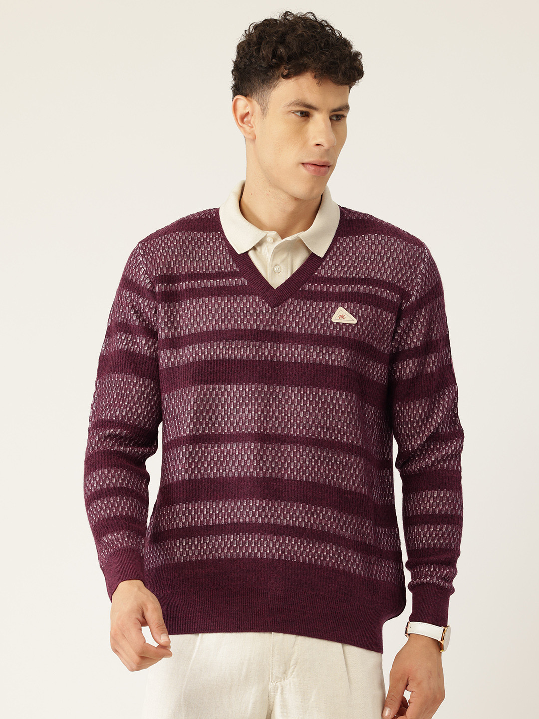 

Monte Carlo Striped V-Neck Pullover, Burgundy