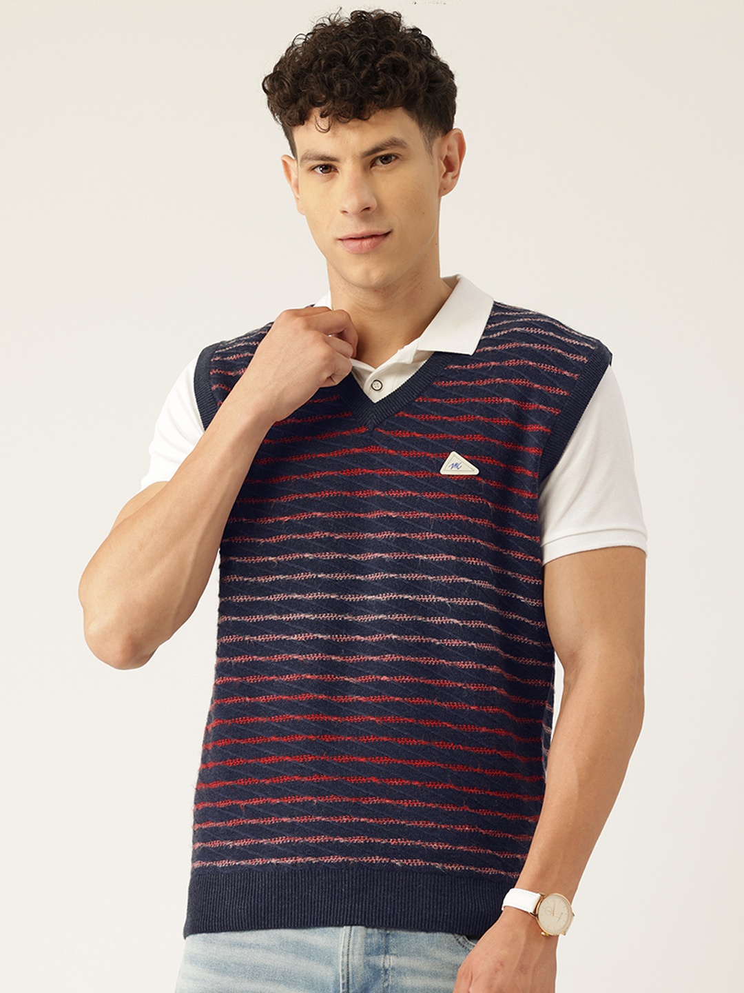 

Monte Carlo Striped Woollen Sweater Vest, Navy blue