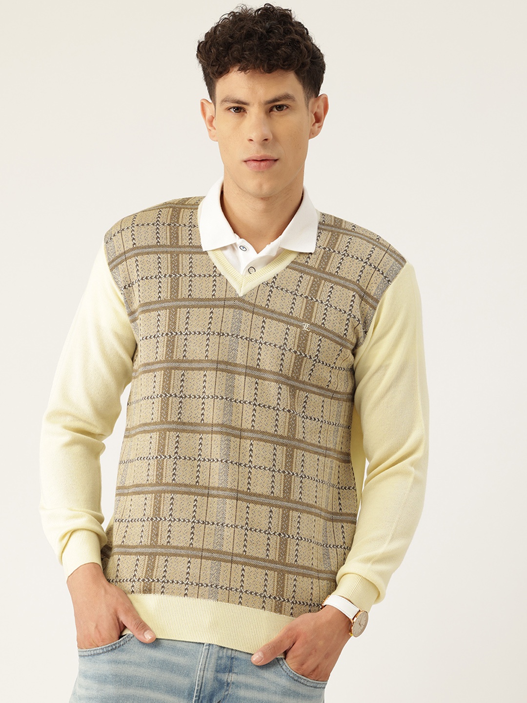 

Monte Carlo Checked Woollen Pullover Sweater, Taupe