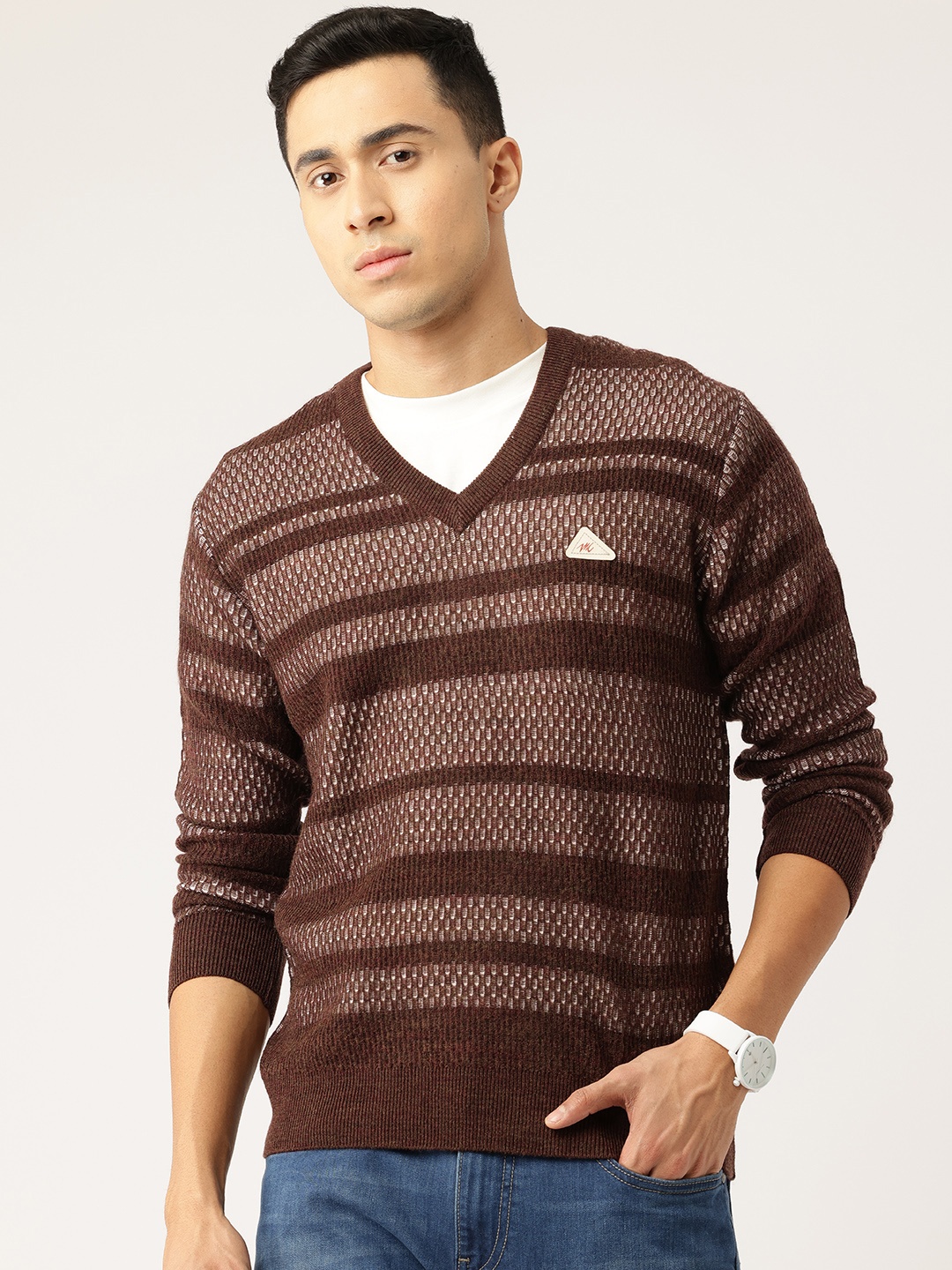 

Monte Carlo Striped V-Neck Pullover, Brown